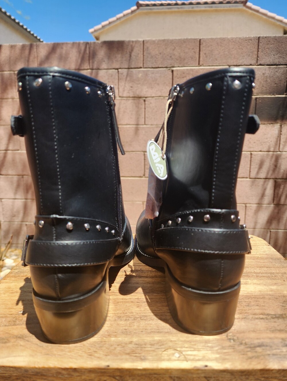 MIA Women's Delores Black Leather Square Toe Studded Buckle Booties Size 9 - Picture 7 of 11